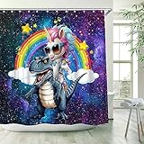 WUASDCS Unicorn Riding Dinosaur Shower Curtain Funny Cute Cartoon Animal Fantasy Color Rainbow Cloud Cool Boys Universe Bathroom Decor Fabric Curtains with Hook 70Wx70H Inches