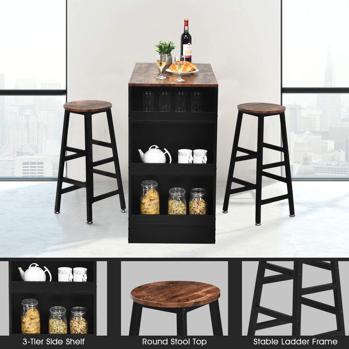 GIANTEX Ensemble de table et 2 tabourets, ensemble de meubles de bar, 3 pièces, salle à manger, style industriel, table avec 3 étagères de rangement, tabouret avec repose-pieds de différentes