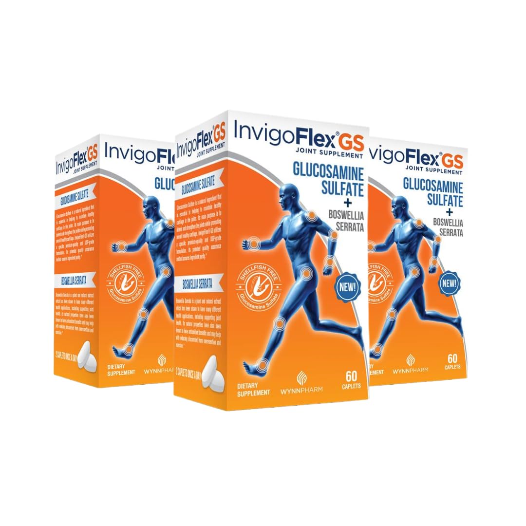 INVIGOFLEX Glucosamine Sulfate (Shellfish Free, Sodium Free & Vegetarian Safe) Non GMO, Gluten Free - with Boswellia Serrata - Premium Joint Supplement GS - 3 Pack 60 Count (Pack of 3)