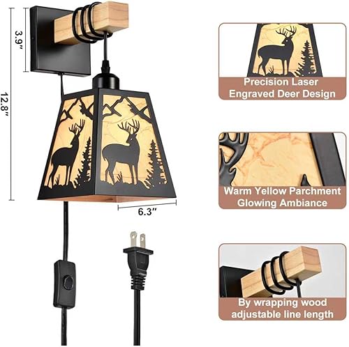 Miniatura 6 de Aplique de pared enchufable, apliques de pared rústicos de metal mate de ciervo, luces de pared negras, cortinas de papel pergamino de granja, juego