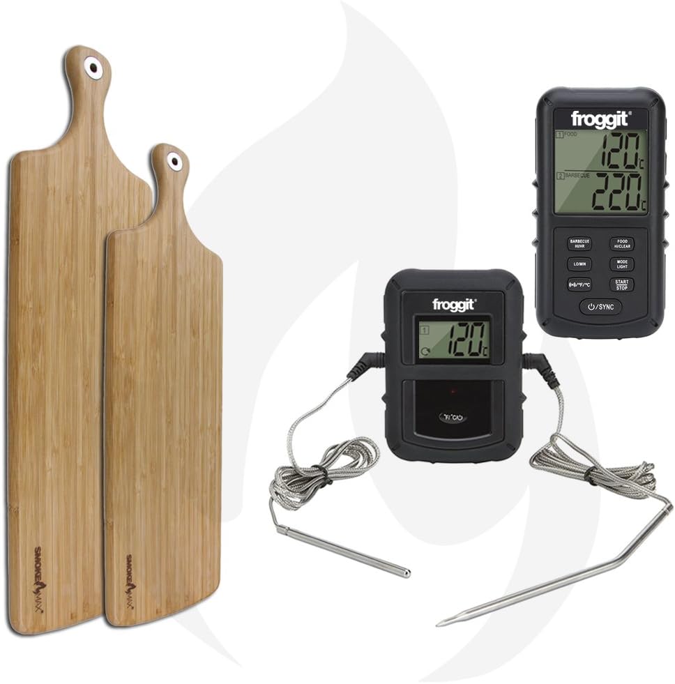Smoke Max® Grill Max® Pro Wireless BBQ Thermometer Set – Smoke/Smoke Max® Set of 2 L (L/XL) Serving Boards Chopping Board/Kitchen Board made of 100% Natural Bamboo