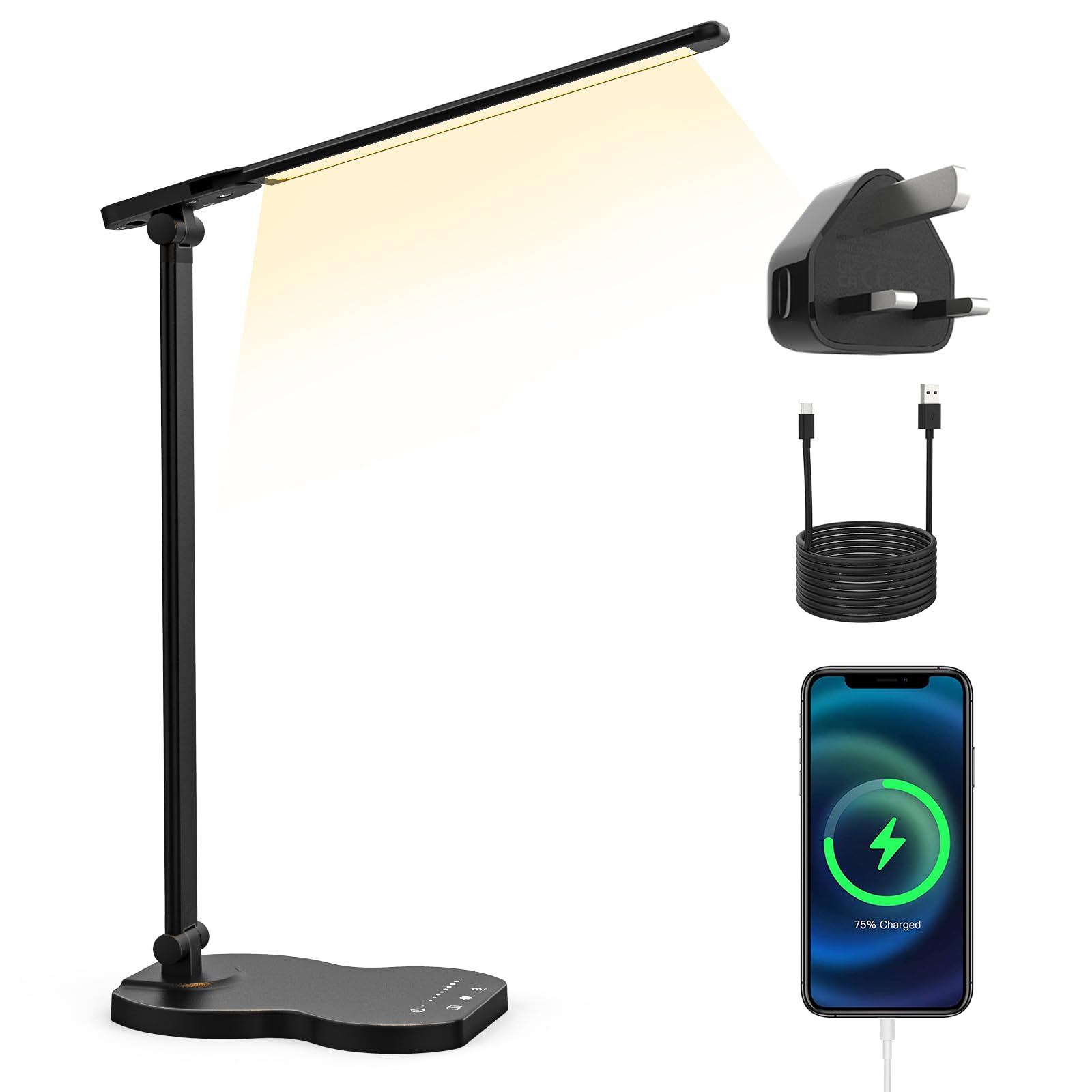 Longtoo Black Desk Lamp, Dimmable Eye-Caring Table Lamp With Usb Charging Port