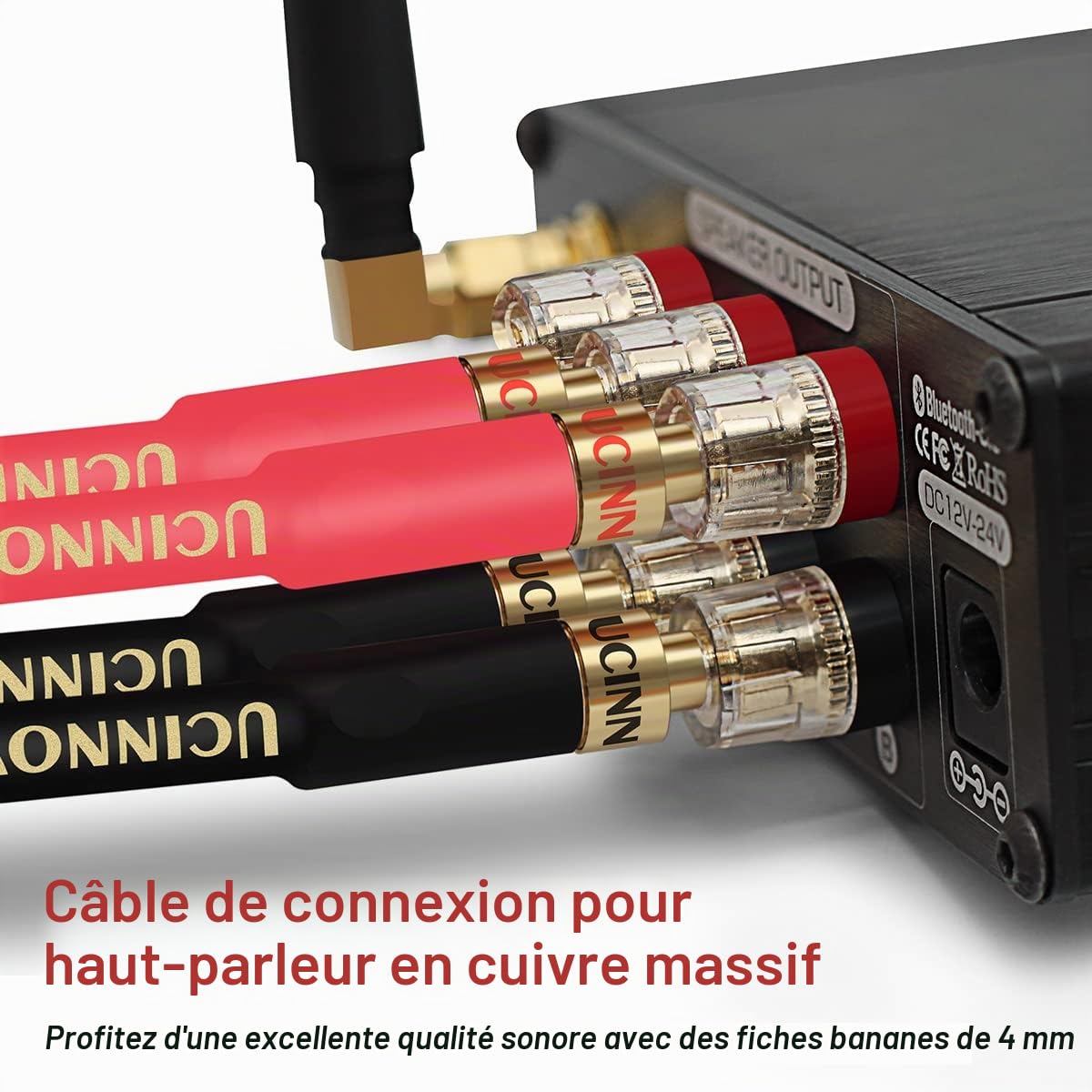 Lot de 2 câbles de haut-parleur HiFi OFC haut de gamme en cuivre pur OFC avec fiche banane, fiches bananes plaquées or de 4 m, 600 brins, 14 AWG, système HiFi, Home Cinéma
