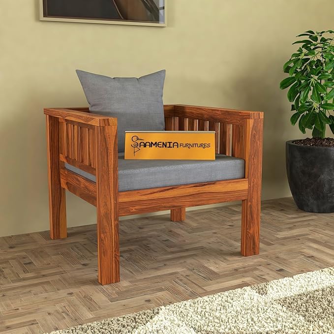Image of Sheesham Wooden 1 Seater Sofa for Living Room | Rosewood 1 Seater Cushion Sofa Low Height | Solid Wood Sofa Set for Lounge (1 Seater,Honey Finish)