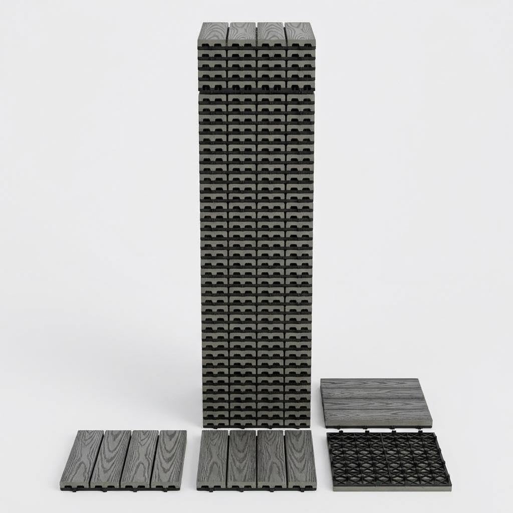 GAOMON All-Weather Waterproof Outdoor Deck Tiles - 12"x12" interconnected Composite Flooring for Patio, Balcony, Porch, Poolside, Backyard - Durable Wood Plastic, Easy Snap Installation, Grey,
