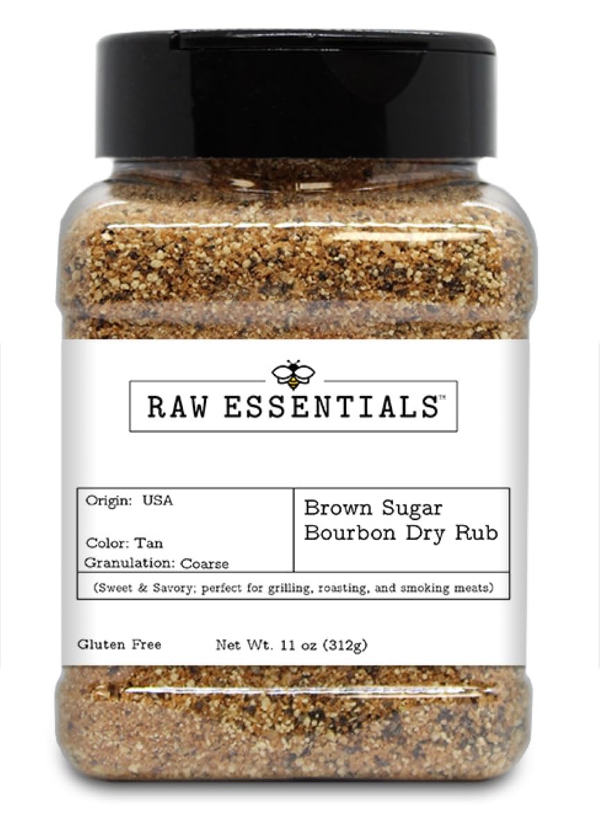 Raw EssentialsBrown Sugar Bourbon Dry Rub – Sweet and Savory – Grilling and Roasting Meats – Gluten Free – 11 Ounce Bottle