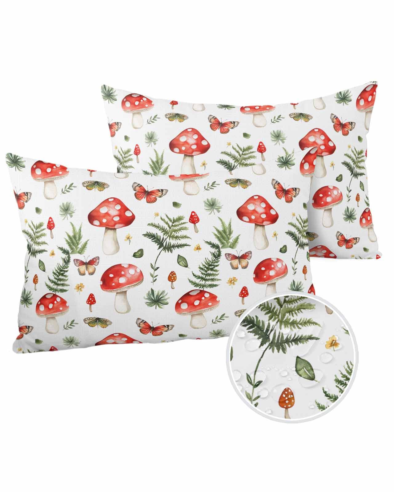 Red Mushroom Outdoor Pillow Cover 12x20 Inch Cushion Sham Case, Spring Butterfly Garden Leaves Botanical Waterproof Decorative Square Throw Pillowcase