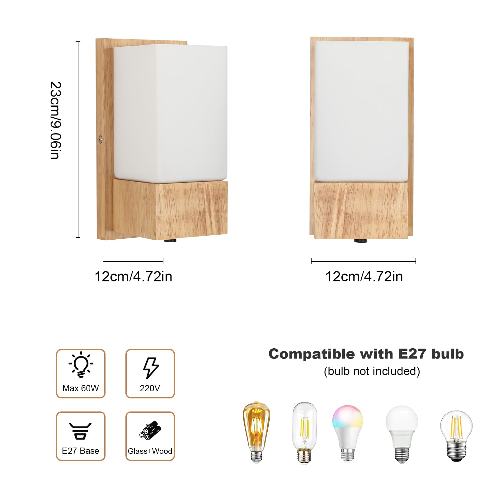 Comely Wandleuchte Innen Holz, Vintage E27 Wandlampe Innen mit Glas Lampenschirm, Wandstrahler Retro Wand Lampen für Schlafzimmer, Flur, Esszimmer, Wohnzimmer