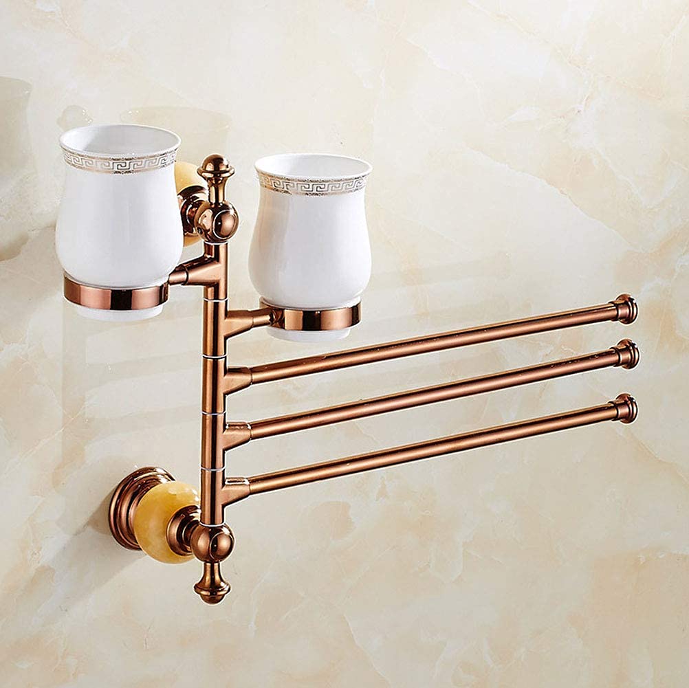 Toallero de acero inoxidable montado en la pared con portavasos giratorio, soporte para toallas de baño de luz brillante para hotel y cocina, acabado oro rosa, 3 tazas y 3 toalleros.