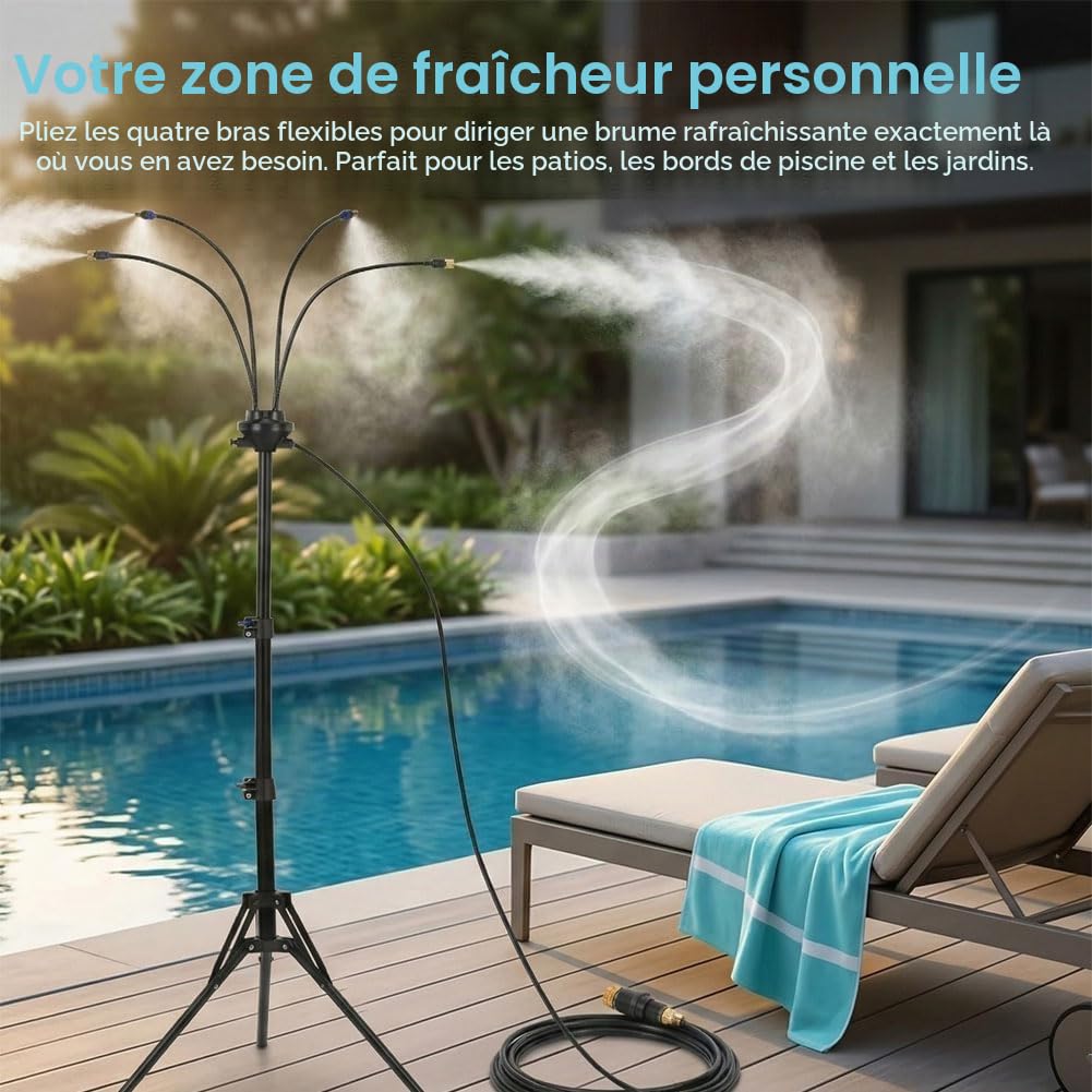 Générique Système de brumisation sur Pied réglable, 3,6 pi avec 2 hauteurs, Tuyau pour terrasse, Jardin, rafraîchissement Animaux – 4 Buses orientables, Portable (Noir)