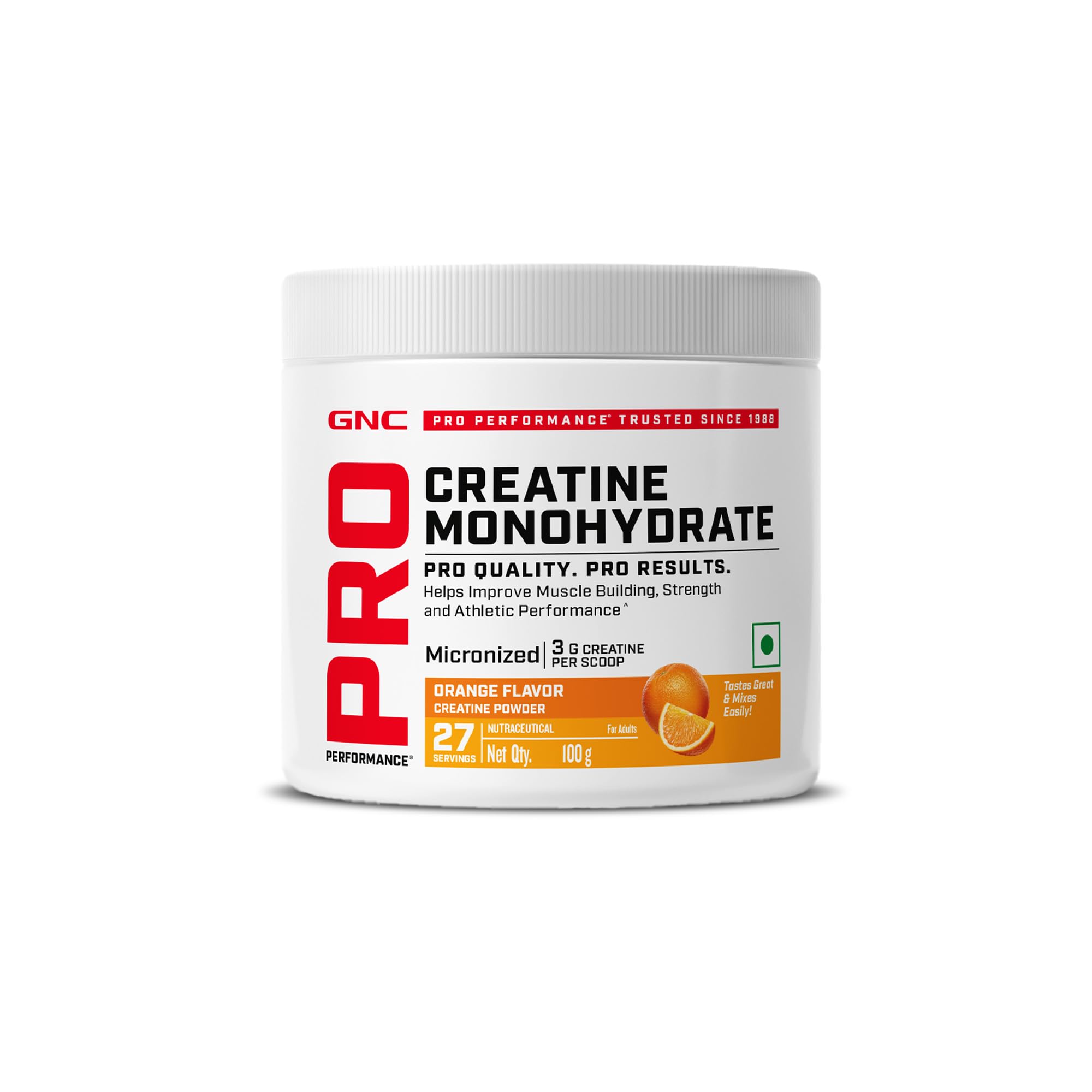 Pro Performance Creatine Monohydrate - 3000mg Creatine Per Scoop | Micronized for Faster Absorption | Boosts Energy, Muscle Volume & Performance | Gluten-Free | Orange | 100gm