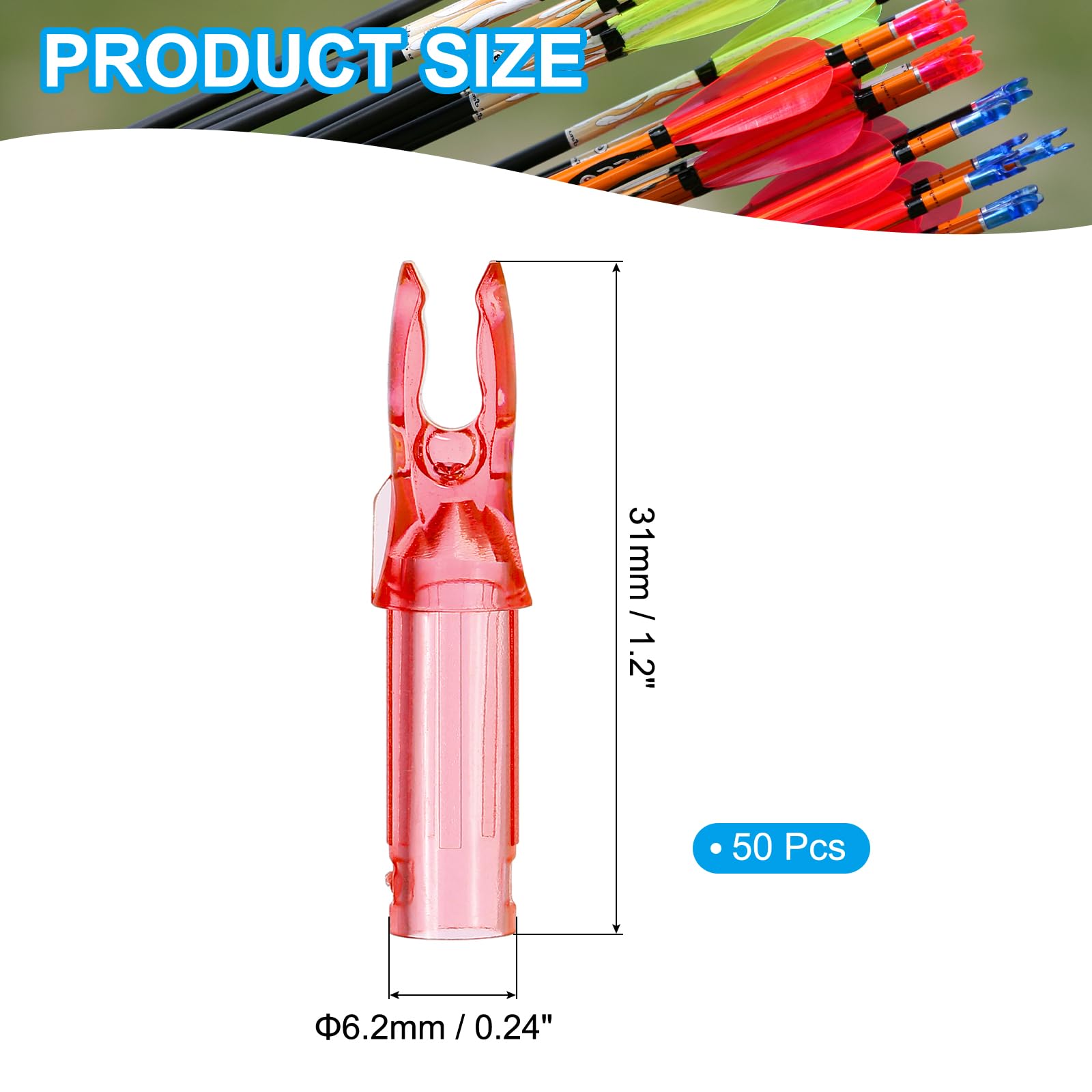 QUARKZMAN Encoches De Flèches en Plastique pour Flèches en Carbone .244"/6.2mm pour Arc À Poulies Et Arc À Courbe Chasse Tir DIY (Rouge Transparent, Lot de 50)