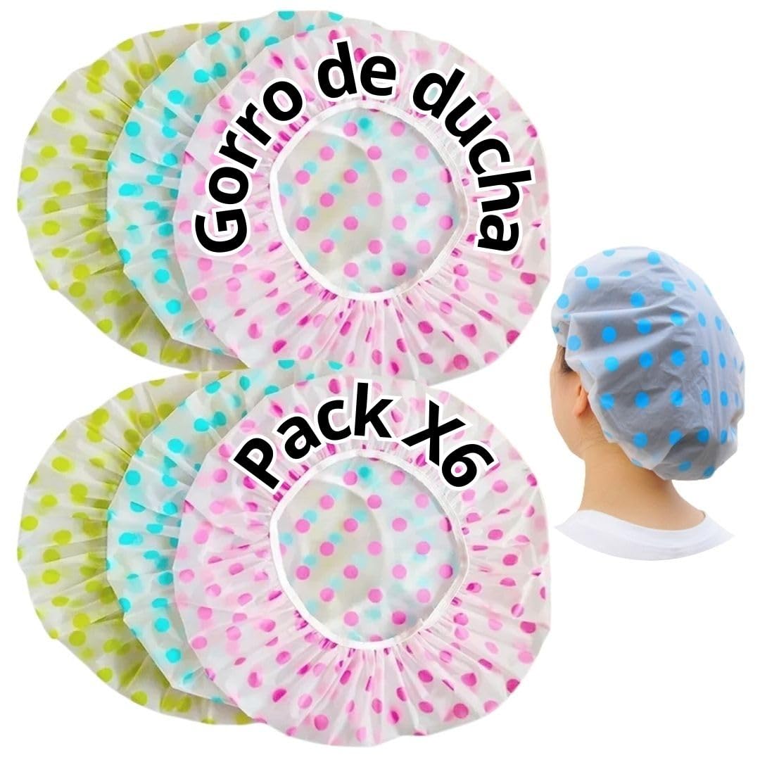 PACK X6 - Gorro Ducha Mujer - Gorro De Ducha Mujer - Gorro Ducha Niños - Gorros De Ducha Impermeable Para Baño - Viajes-SPA - Peluquería-Shower Cap-Reutilizables-Ajuste Universal- Diámetro 27 Cm