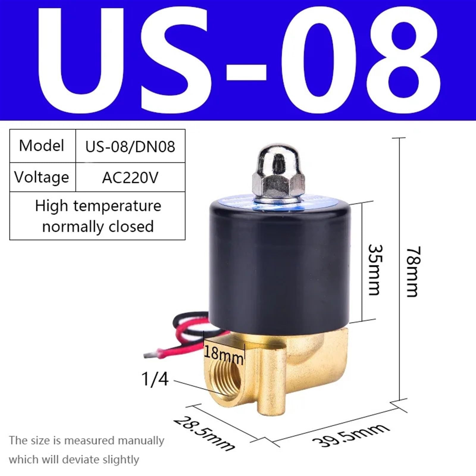 Zawór parowy, odporny na wysokie temperatury, cewka miedziana, mosiężna obudowa, US-08/10, AC 220 V, DC 24 V, 1/4 cala, 3/8 cala (US-08 AC220V)