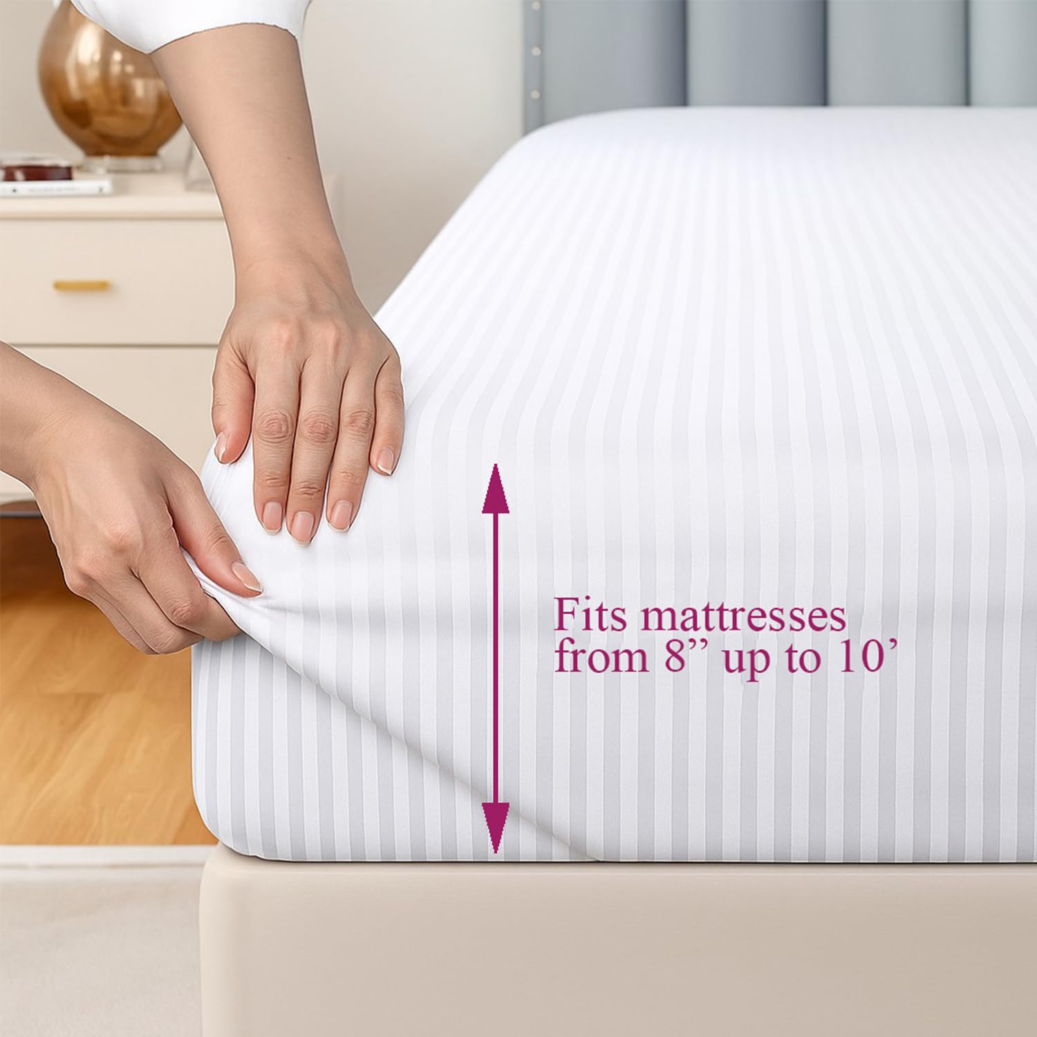 LGCLUMINA T300 Satin Stripe King Sheet Set - 100% Cotton Percale, Cool & Breathable - View #3