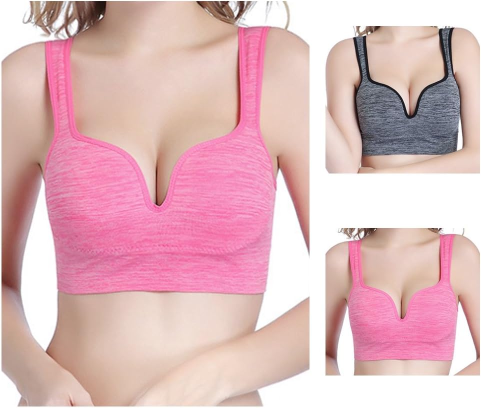 FOU Sports Bra Racerback Seamless Stretchy Wide Elastic Strap Workout and Gym Yoga Support Push Up Padded Sport Bra(Pink-L)