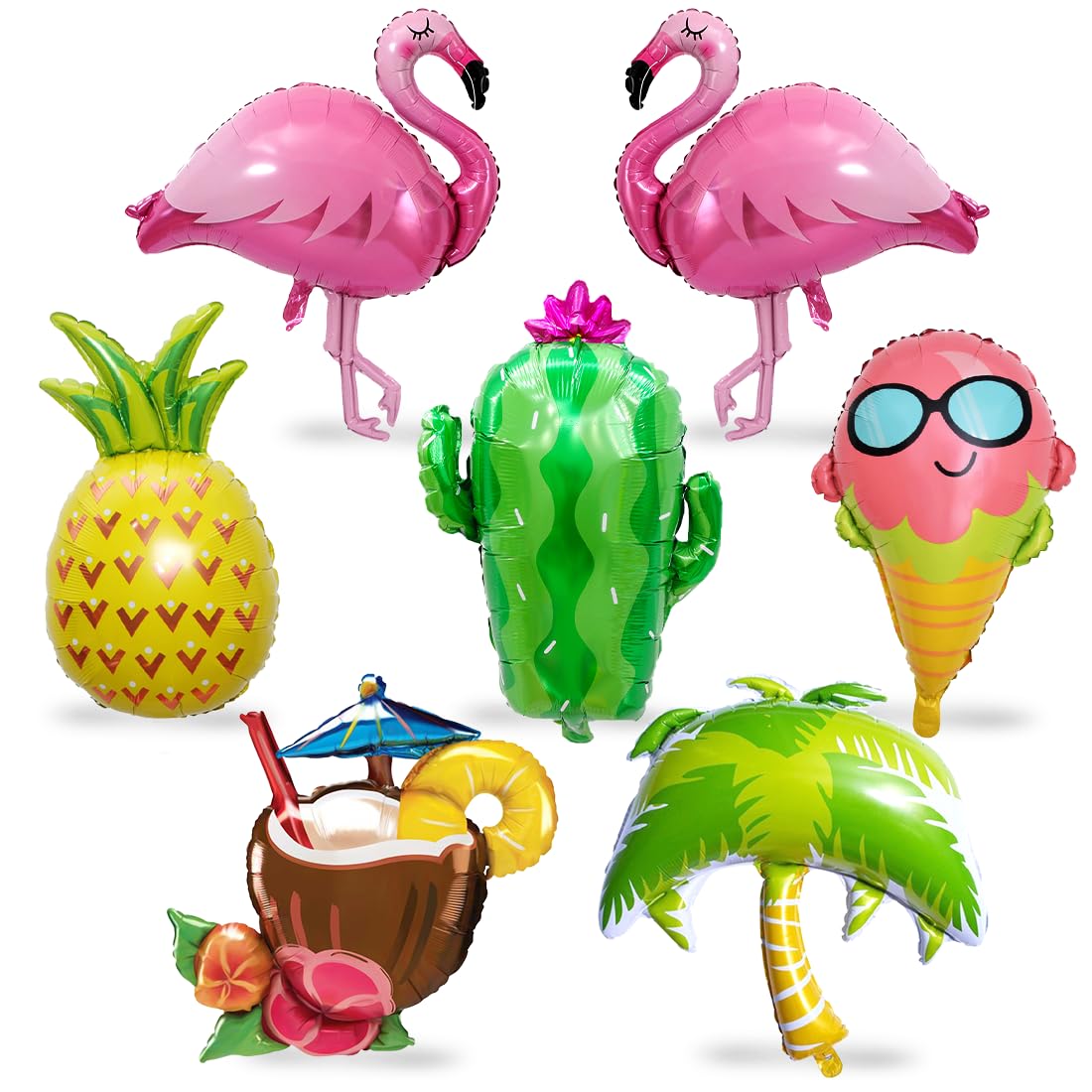 7 Piezas Hawaiana Fiesta Globos, XXL Globos Temáticos de Verano, Gigante Globo Flamenco Cactus Piña, Globos Helado áRbol De Coco para Aloha Piscina Playa Niños Decoraciones de Fiesta Cumpleaños
