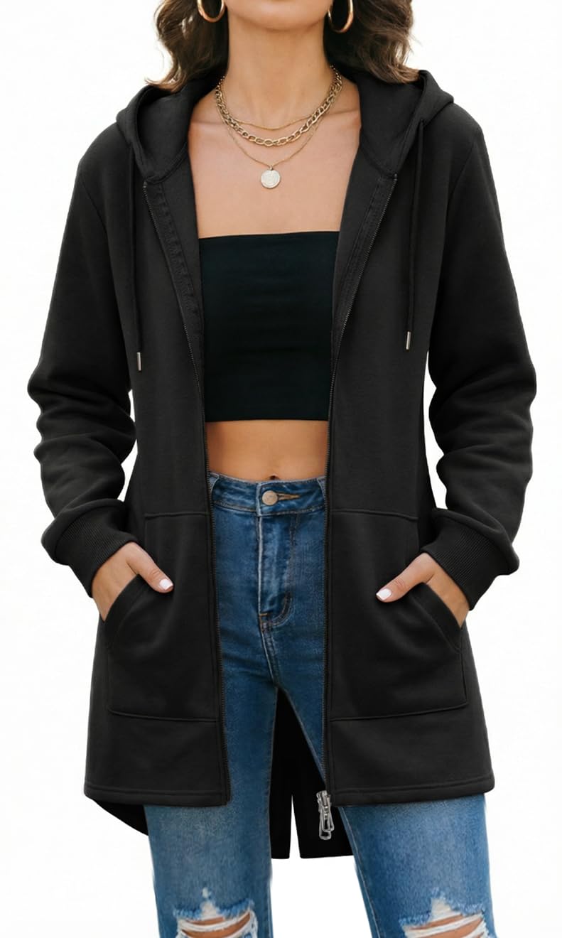 Tuopuda Sweatjacke Damen Lange Übergangsjacke Hoodie Jacke Oversize Reißverschluss Winterjacke Langarm Mantel Winter Warm Kapuzenpullover Sweatshirt mit Kapuze Kapuzenjacke mit Taschen Kapuzenpulli