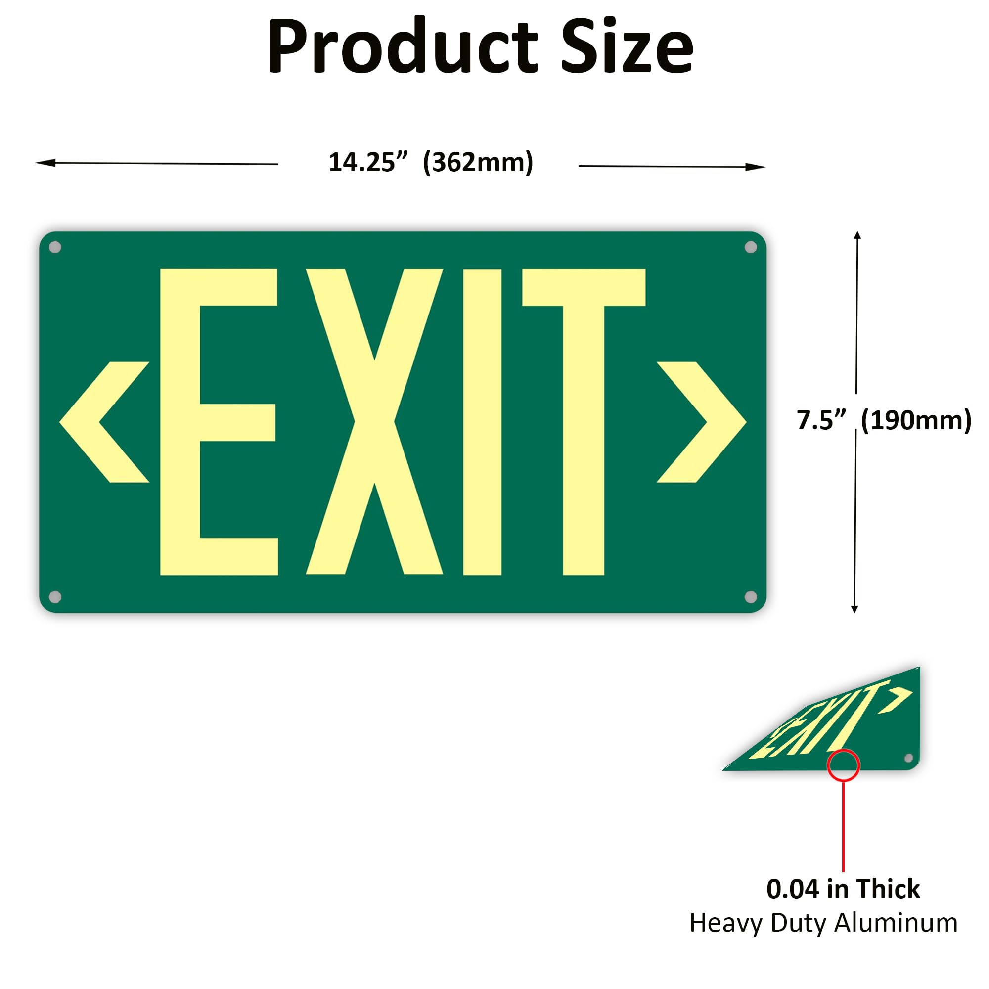 Paquete de 2 letreros fotoluminiscentes de salida verde, 36.2 x 19.1 cm, aluminio que brilla en la oscuridad, parte trasera adhesiva, incluye 4 flechas extraíbles