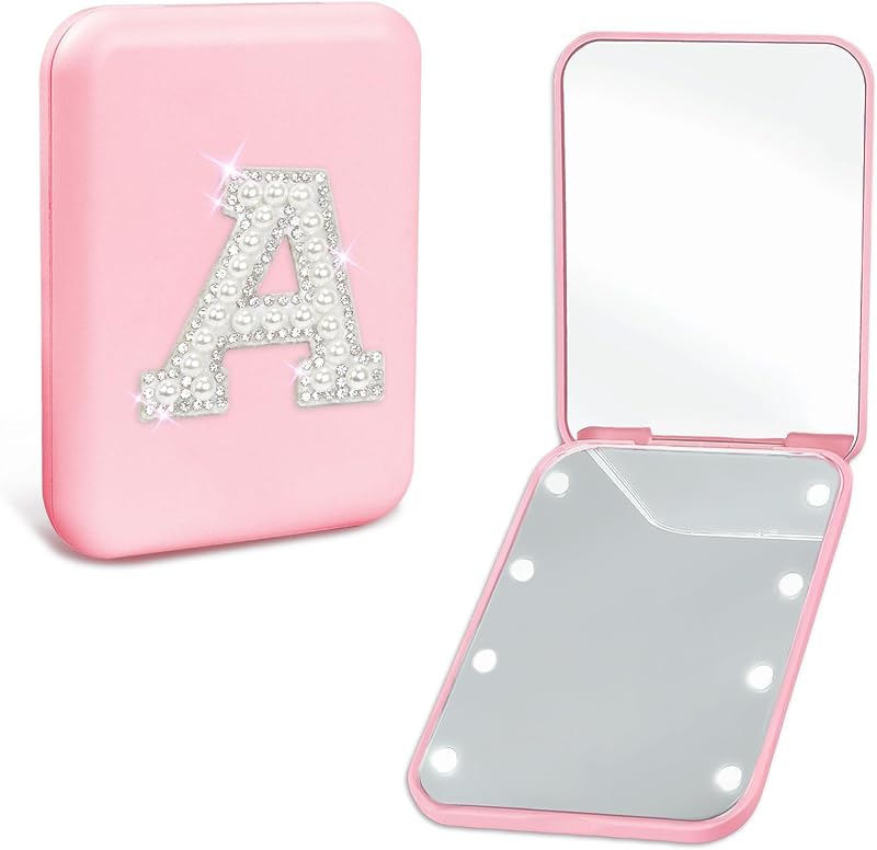 Espelho compacto de viagem Aganmi com luzes LED e inicial Pearl A