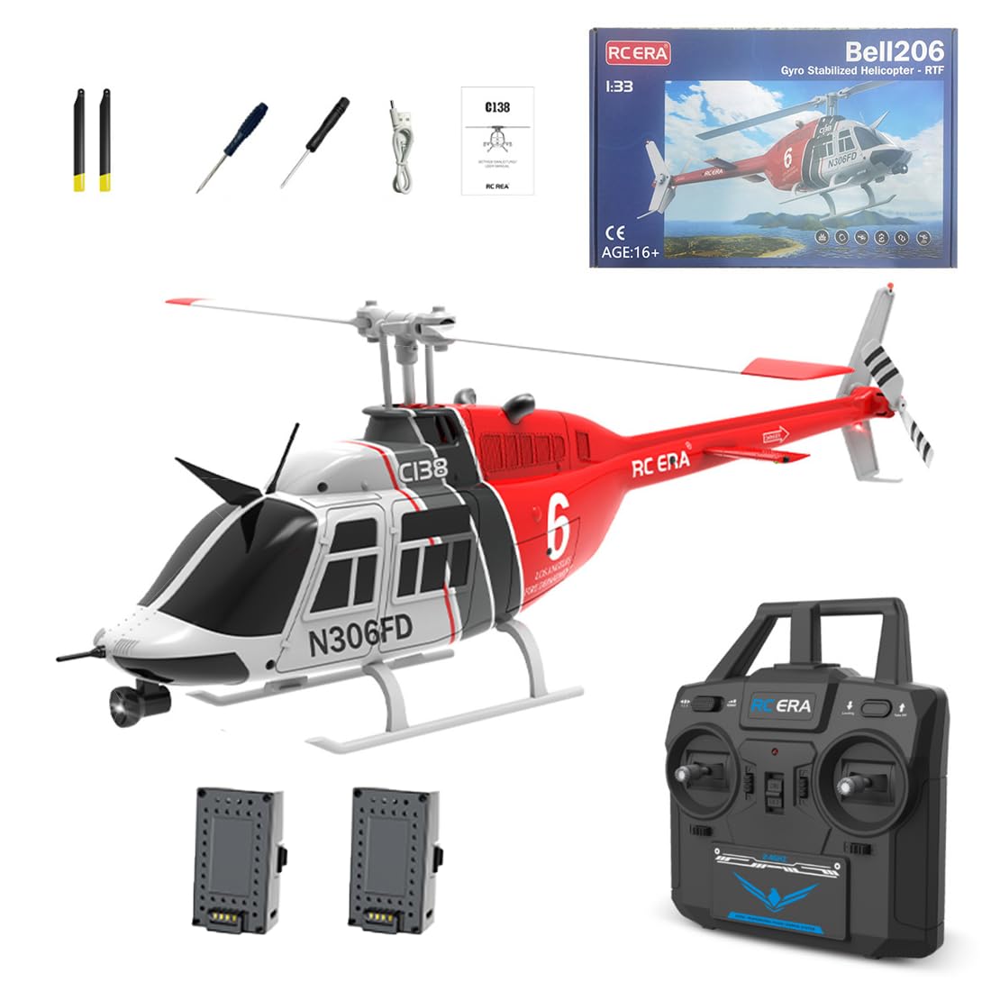RC ERA C138 Bell 206 Helicopter, 1/30 Scale 2.4G 6CH No Aileron Remote Control Helicopter Model, 6-Axis Gyro RC Aircraft with Altitude Hold & Optical