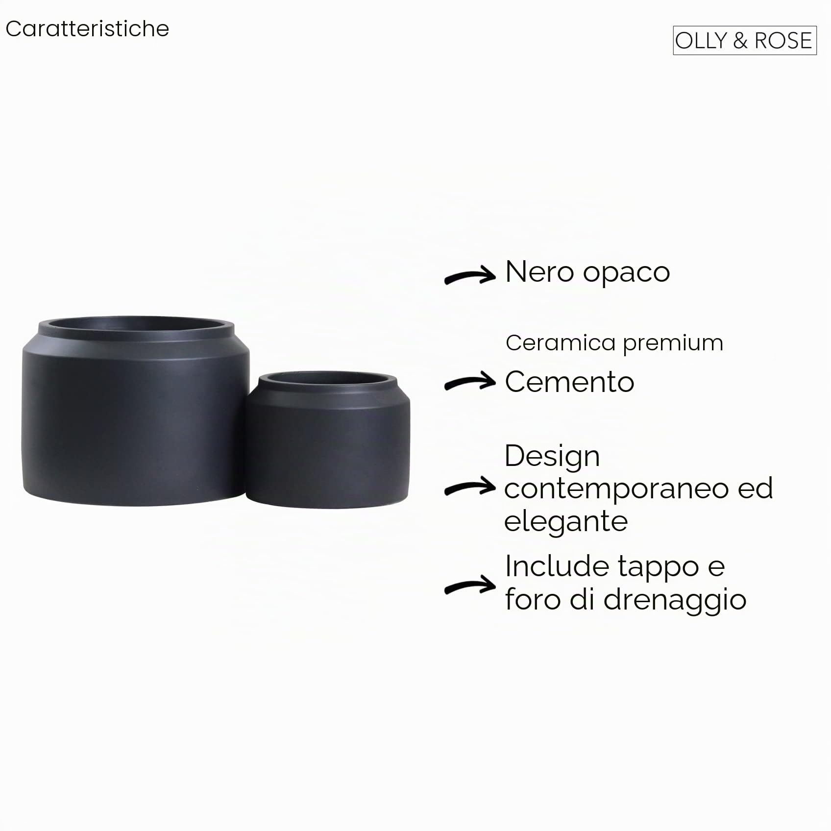 Olly & Rose Porto, set di 2 vasi in ceramica nera opaca, per interni ed esterni, colore nero opaco