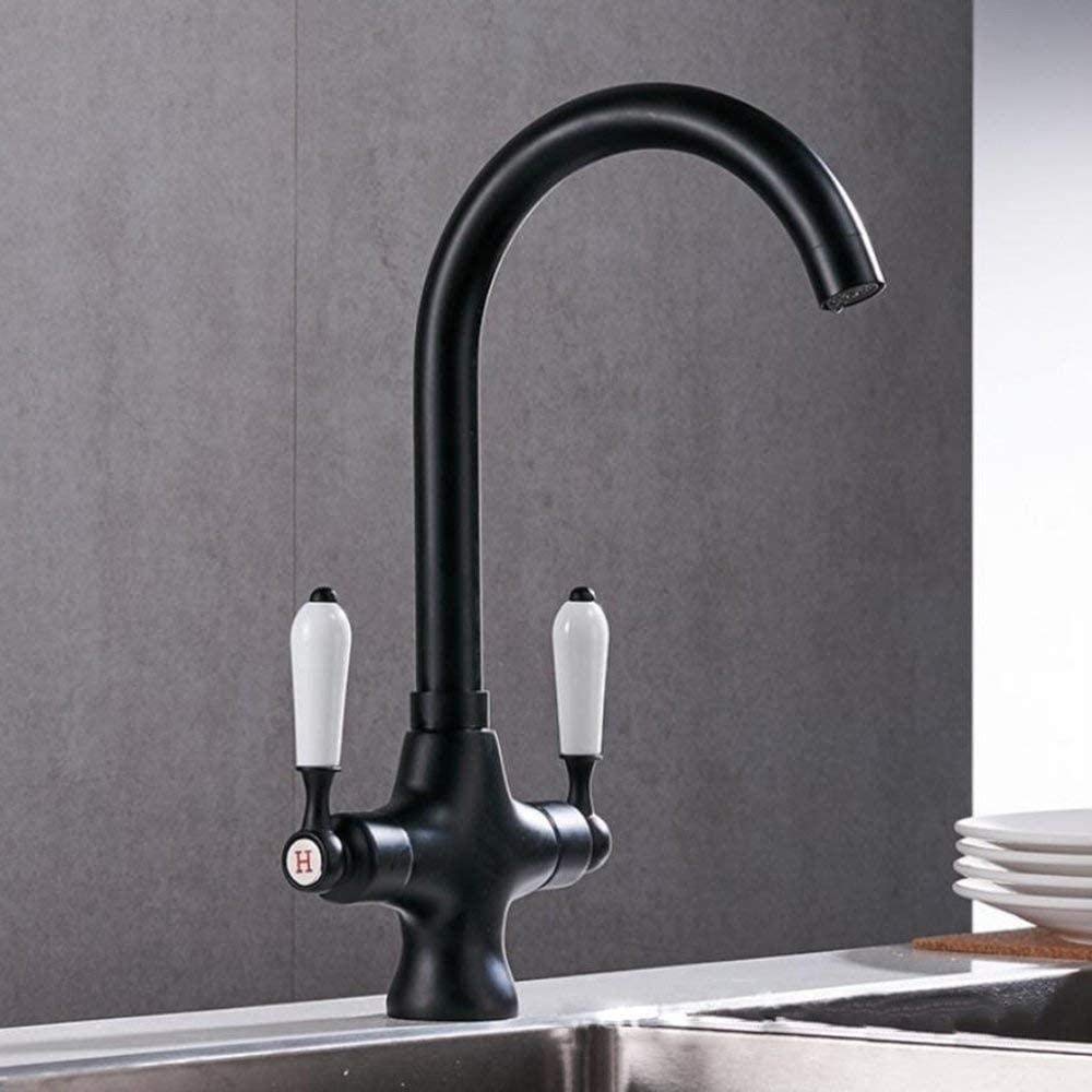 Robinet d'évier de cuisine en laiton noir double poignée rotative 360