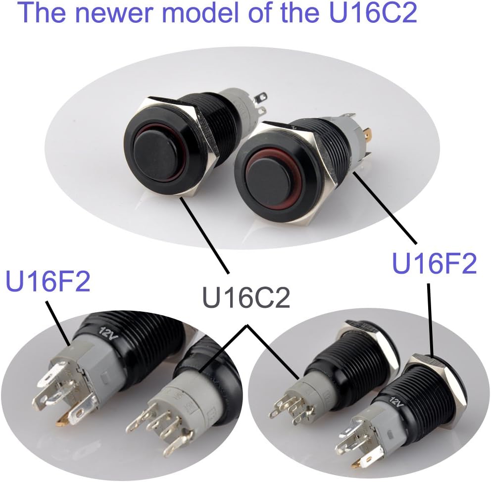 Ulincos® Latching Pushbutton Switch U16F2 1NO1NC SPDT ON/Off Black Metal Shell with Red LED Ring Suitable for 16mm 5/8" Mounting Hole (Red)