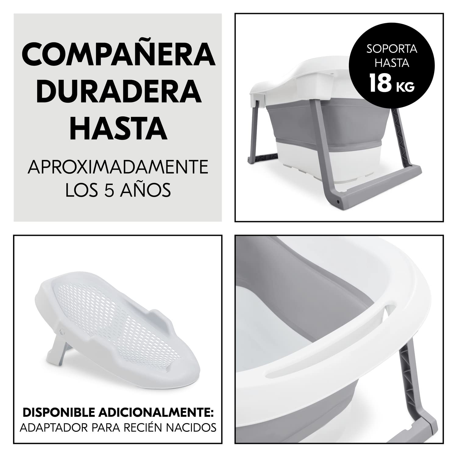 hauck Wash N Fold L, Bañera Plegable Bebé con Banqueta, Bañera Portátil Bebé para Recién Nacidos hasta 18 kg, Tapón Térmico, 80 x 56 x 44 cm