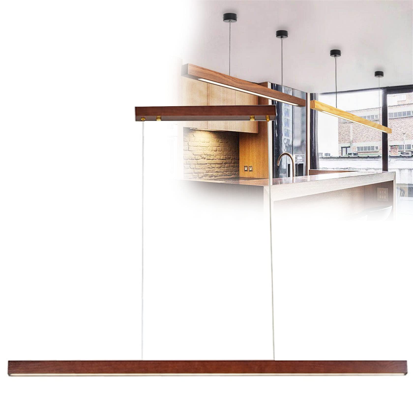 KXEcoLife Modern LED Linear Pendant Light for Kitchen Island Dining Room 150cm Minimalist Wood Chandelier with Dimmable PineWood Fixture 24W
