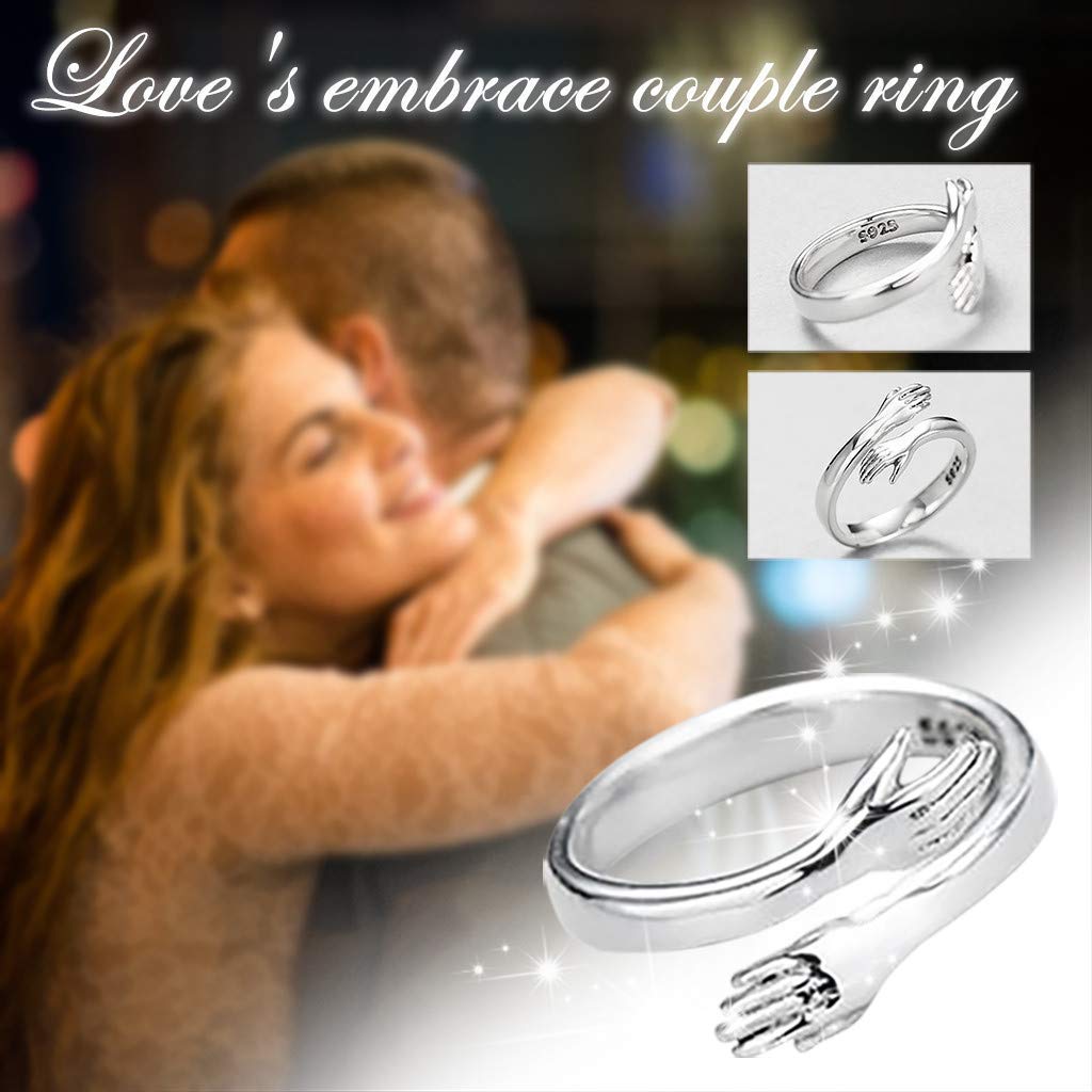 WXKAGF Anillo de Amor Abrazando Pareja, Nourich Vintage Abrazando Manos Anillo Ajustable de Plata esterlina, Amor Abrazo Manos Anillo Abierto joyería alianzas de Boda para Mujeres Hombres niñas