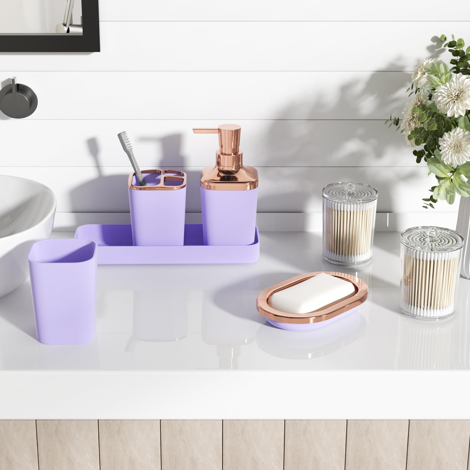 Set di accessori da bagno da 6 pezzi, include portaspazzolino, dispenser di sapone, bicchiere per spazzolino da denti, portasapone per piano di lavoro decorativo e regalo di inaugurazione della casa