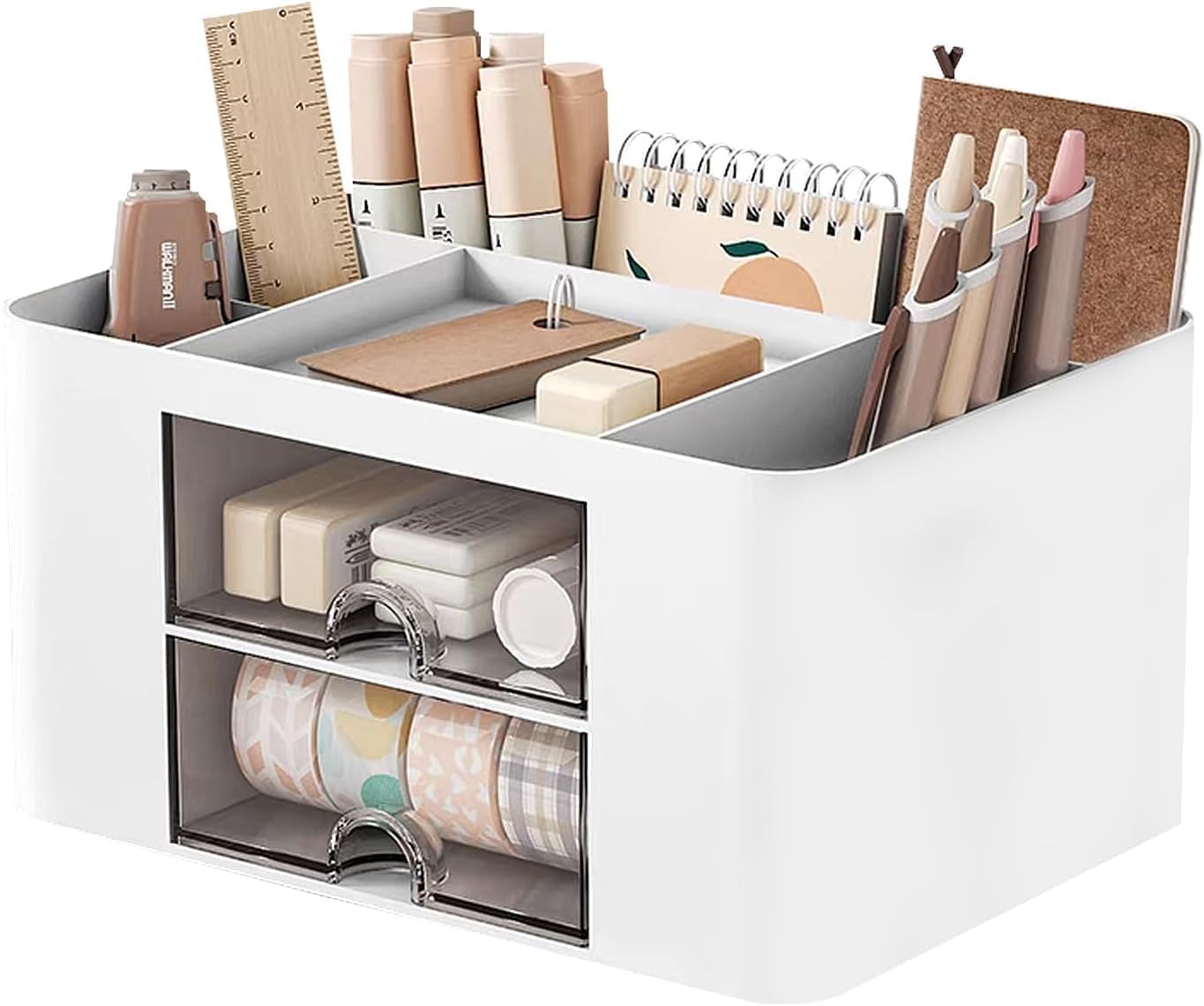 UCRAVO Multi-Functional Desk Organiser with 5 Compartments and 2 Drawer Desktop Office Supplies Stationery Storage Box Cosmetic Organizer for Ballpoint Pens Staplers Clips Sticky Notes – White