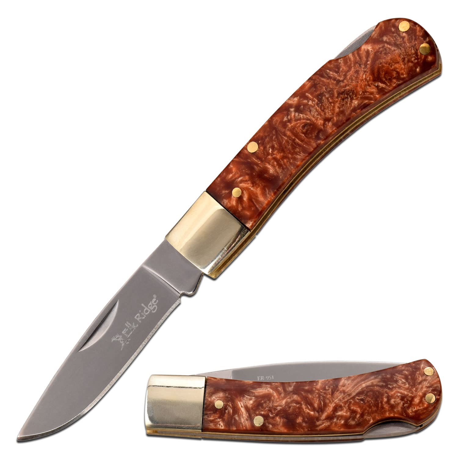 Elk Ridge - Outdoors Manual Folding Gentleman's Knife - 5.25-in Overall, 2.25-in Stainless Steel Blade, Brown Resin Handle with Nickle Silver Bolster - EDC, Camping, Hunting - ER-951BR