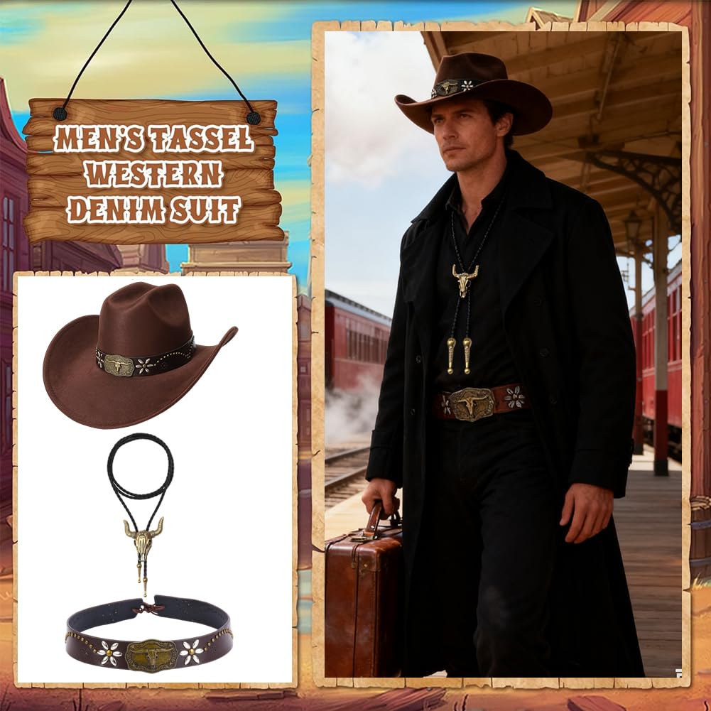 Occidentale Cappello Cowboy, Cintura Cappello In Pelle Retro, Cravatta In Cuoio In Bronzo, Stile Maschile E Femminile Neutro, Cowboy, Carnevale Di Halloween