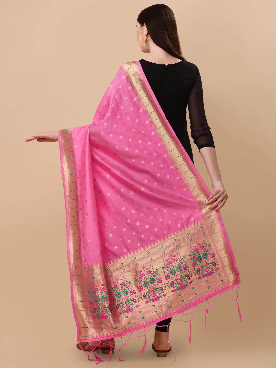 DEVANGI Women's Woven Paithani Banarasi Silk Dupatta/Chunni For Women, Animal Print 1 Meter Wide and 2.3 Meter Length Printed Designer Dupatta/Chunni For Girls (BabyPink) 1