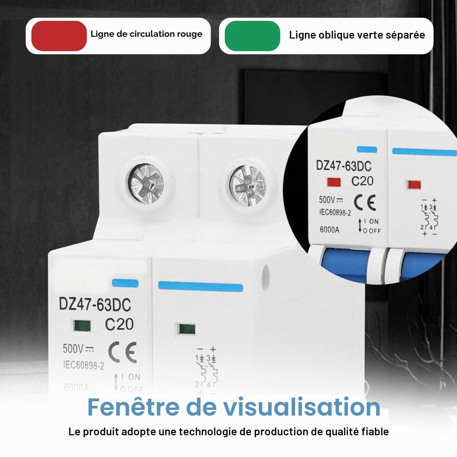 Lot de 2 disjoncteurs CC - Système PV - 500 V - 20 A - 2 pôles - Disjoncteur solaire - Disjoncteur automatique pour systèmes photovoltaïques - Disjoncteur d'air de protection - Montage sur rail DIN 35
