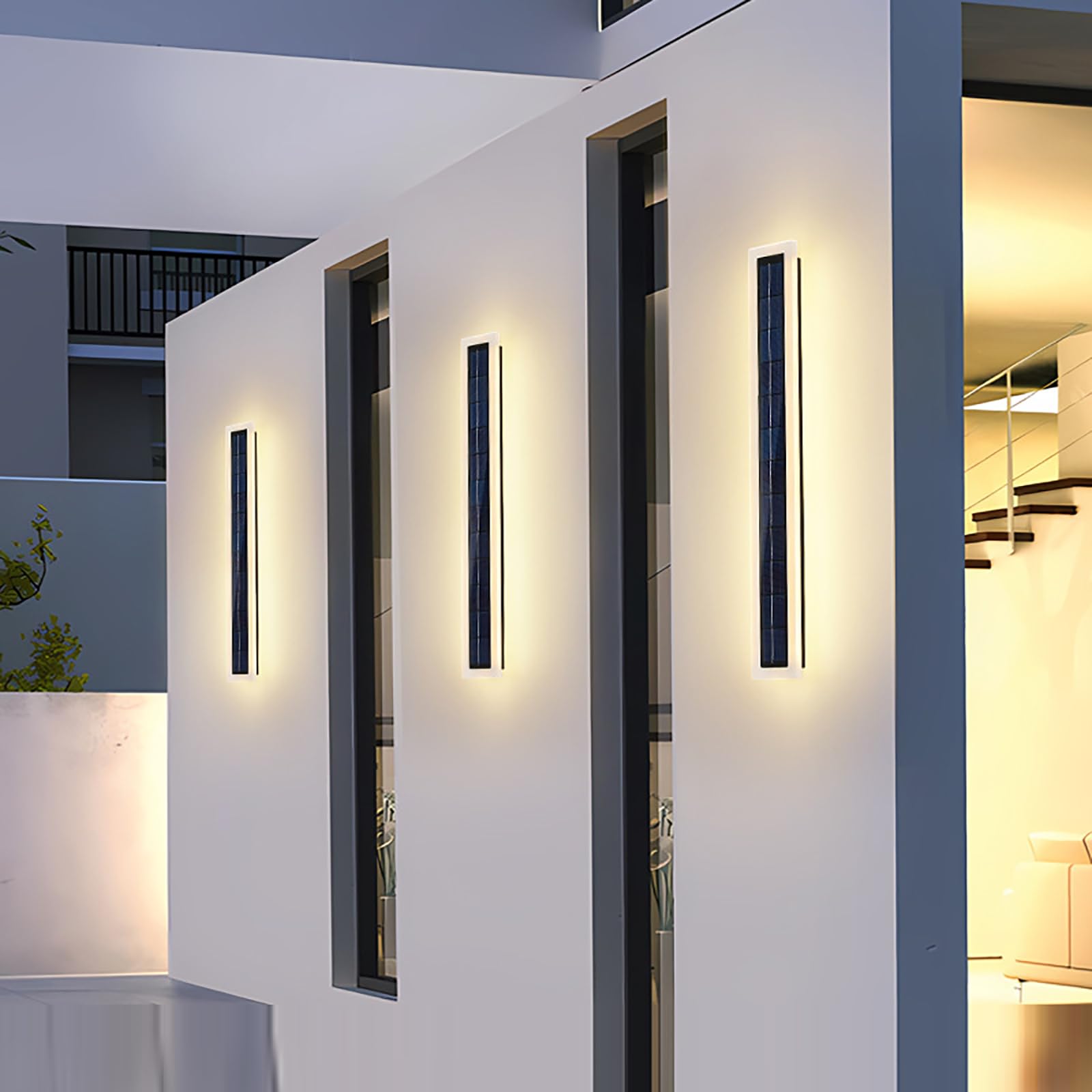 Außen Solar Wandleuchte Kabellos LED Lang Solarlampen Wasserdicht IP65 Schwarz Rechteckig Solarbetrieben Wandleuchter Modernes Acryl Wandbeleuchtung Hof Villa Eingangstür (Warm Light,100CM)
