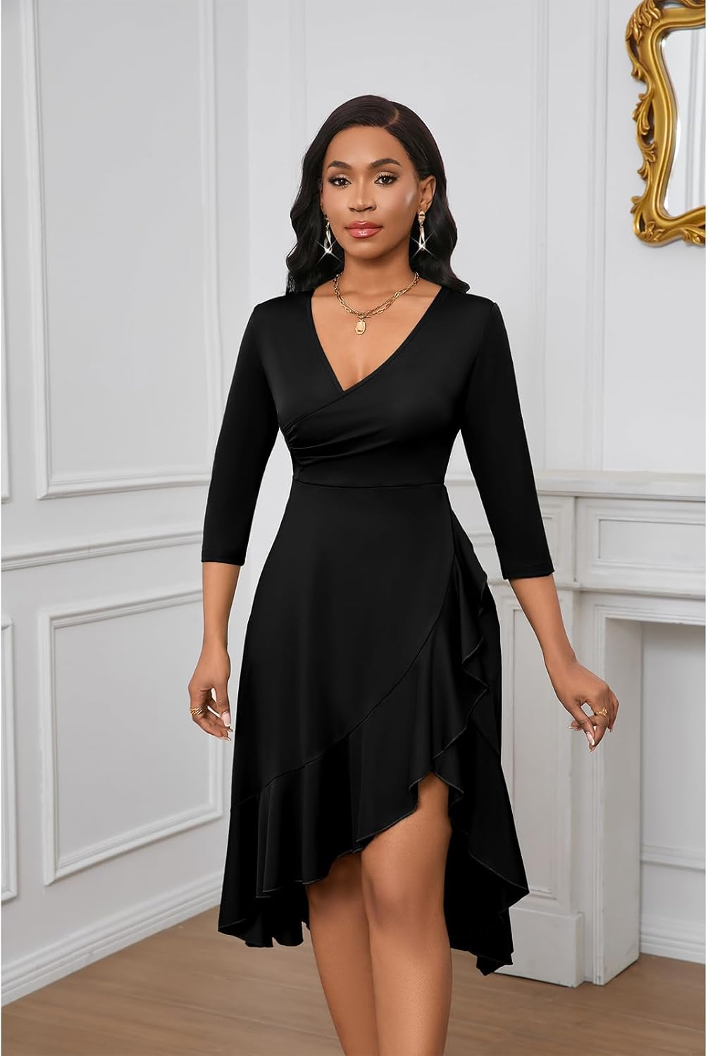 Womens Sexy Summer Midi Dress Casual Wrap V Neck 3/4 Sleeve Split Ruffle Hem Short Dresses with Pockets - Image 6