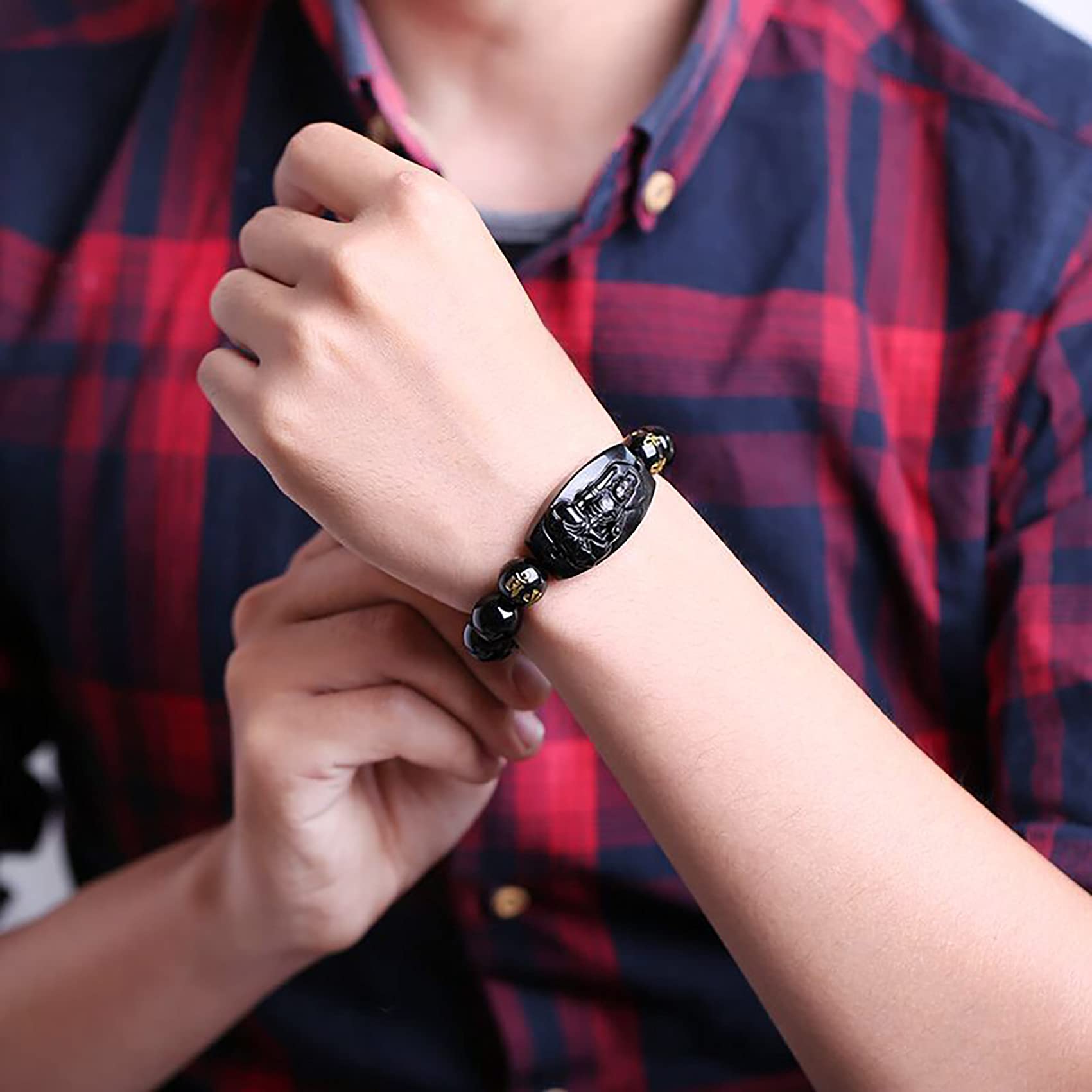 WZGWDC Bracciale Feng Shui, Bracciale Bracciale con ciondoli Naturale Portafortuna Otto Santi Patroni Ciondolo per Mantra a Sei Caratteri Ossidiana Tathagata Buddha Amuleto Attrarre Denaro PRO