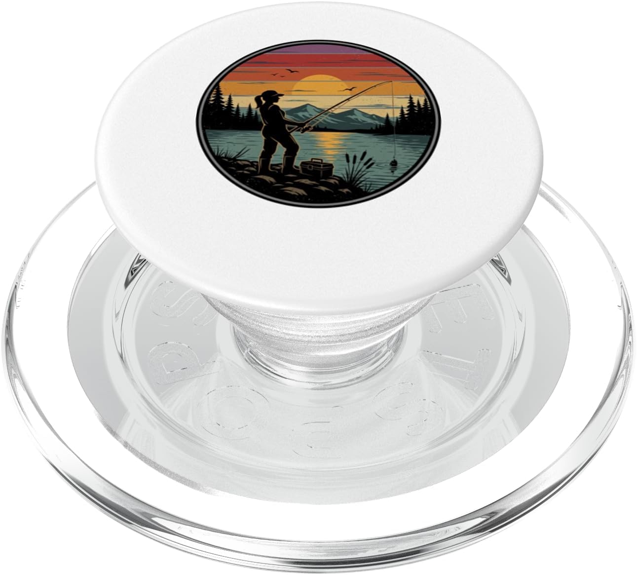 Woman Fishing Retro Sunset Mountain Lake Graphic Design PopSockets PopGrip for MagSafe