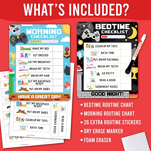 Image of Magnetic Morning & Bedtime Routine Chart for Kids - Customizable Toddler Daily Schedule Board with Dry Erase Surface, Stickers & Marker, Build Habits with Visual Checklists, Video Game Theme
