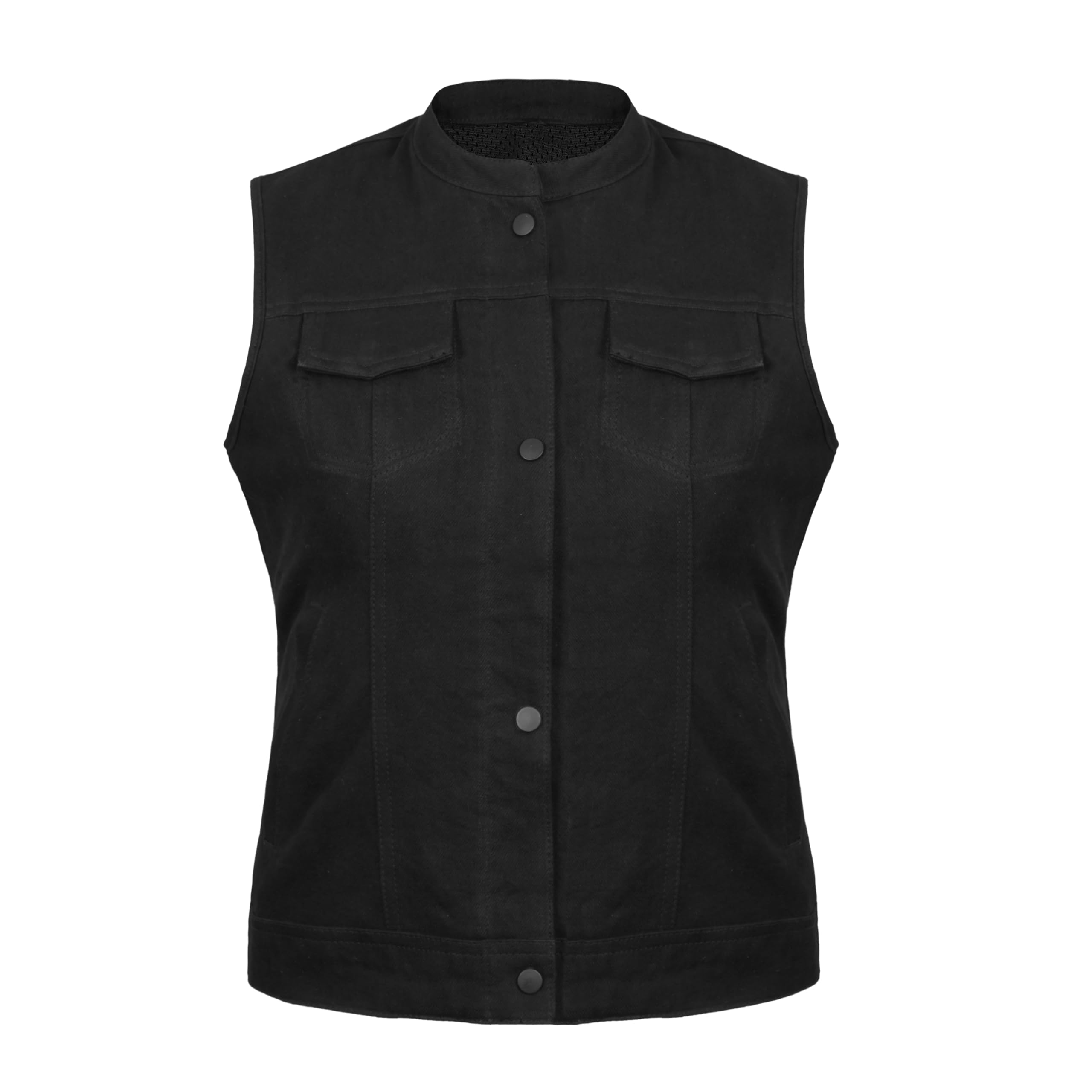 Leatherick Gilet da motociclista in denim puro da donna – Gilet da motociclista resistente in stile club da donna con 7 tasche funzionali