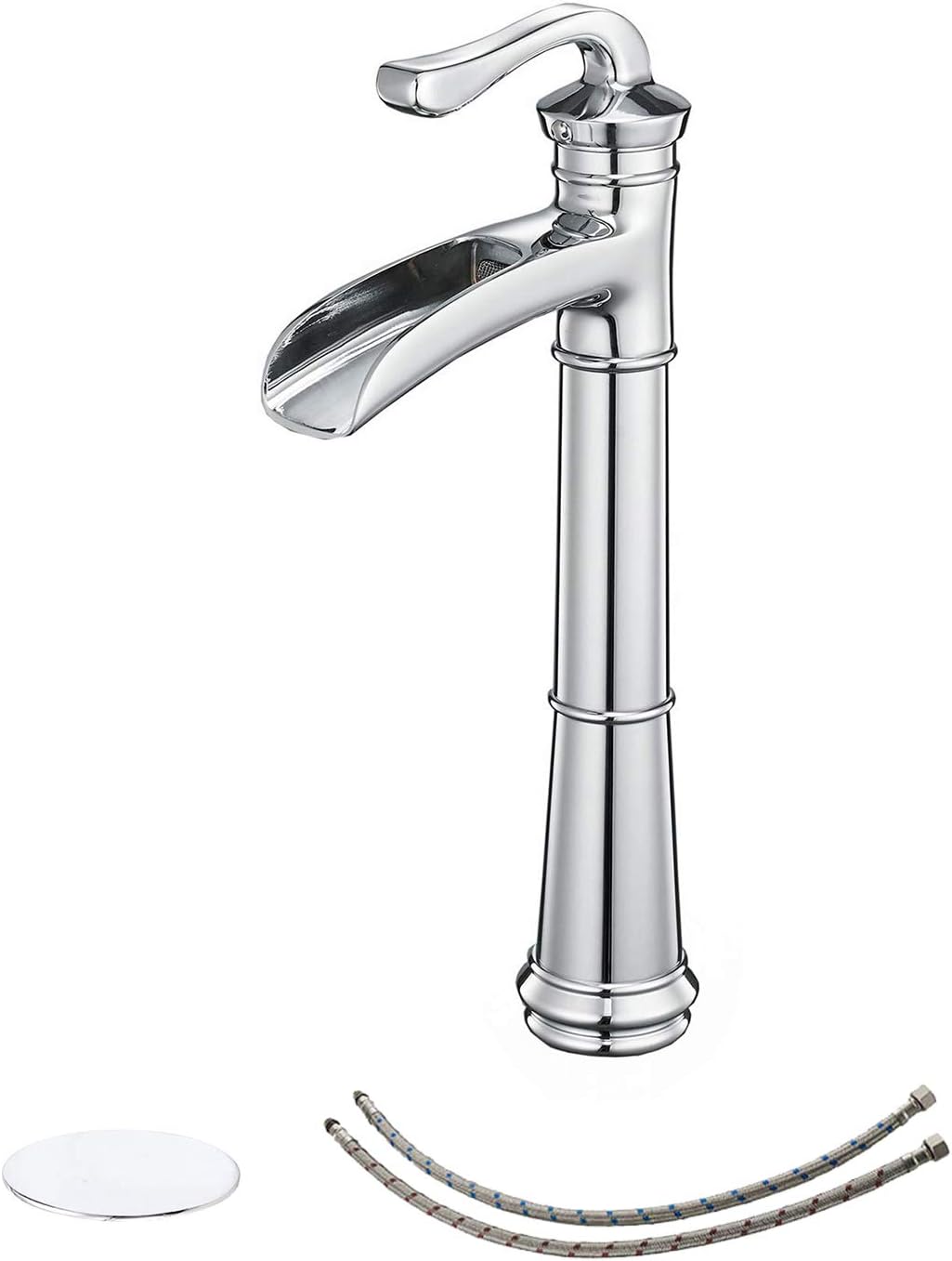 BWE Vessel Sink Faucet with Drain Assembly and Supply Line Lead-Free Chrome Commercial One Hole Waterfall Single Handle Bathroom Faucets Deck Mount Tall Body Lavatory Mixer Tap