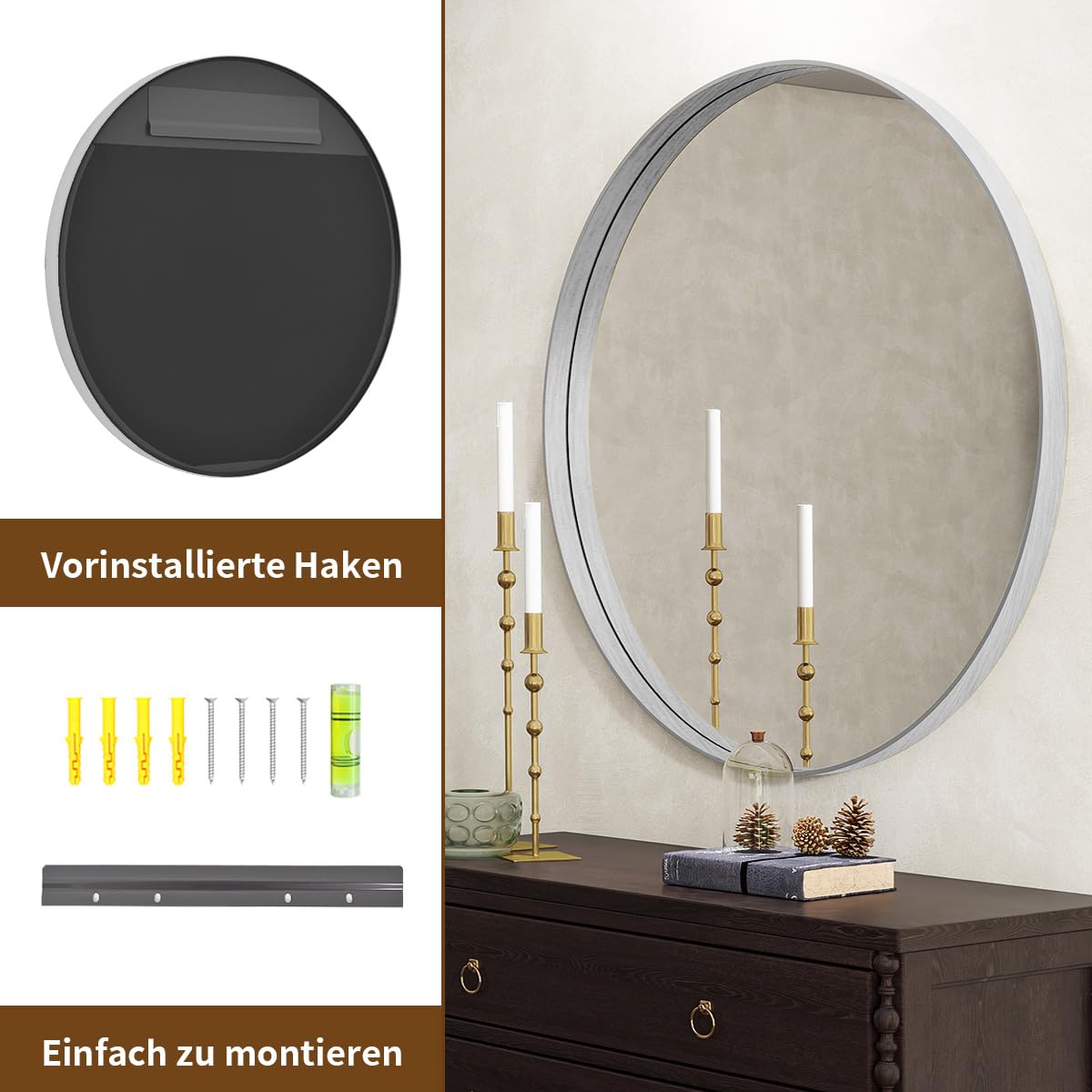 Koonmi Luksusowe okrągłe lustro - 120 cm - głęboka srebrna rama - okrągłe lustro ścienne z czarną szczotkowaną metalową ramą - do łazienki, salonu, wejścia - dekoracja ścienna