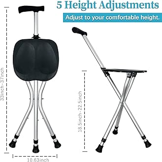 Portable Adjustable Folding Walking Cane with Seat Allows Durability While Walking and Convenience for Sitting, Alloy Crutch Chair, Anti-Slip Lightweight Walking Stick for Seniors