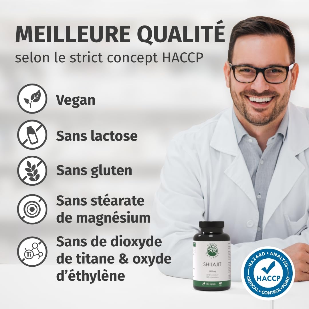 Green Naturals® Shilajit Himalaya Original – Extrait concentré 10:1 – 1300 mg par jour – 50% d’acide fulvique & 12% d’acide humique – 3 mois (180 gélules)
