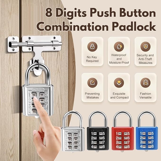 Image of QUIRA 8 Digit Push-Button Combination Number Code Luggage Lock Padlock Lock for Door,Bag,Locker