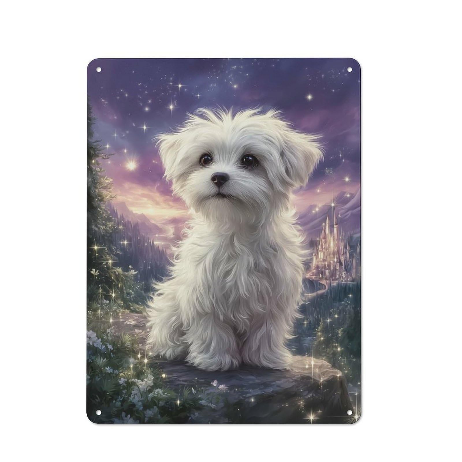 Junmoney Style-8 Maltese Puppy In Fantasy Landscape Retro-Style Tin Sign 40X30cm For Living Room Or Hallway, For Vintage Wall Decor Fans, For Themed Room Decoration
