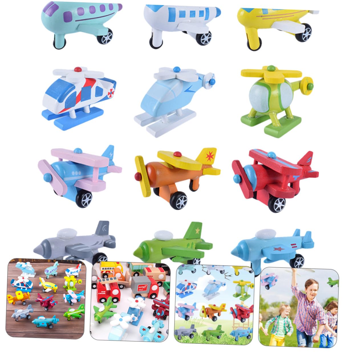 POPETPOP 12 Piezas de Mini Aviones de Madera para Niños Colores Vivos Rebabas, Juguete Educativo Adecuado Desarrollo Temprano y Reconocimiento de Colores
